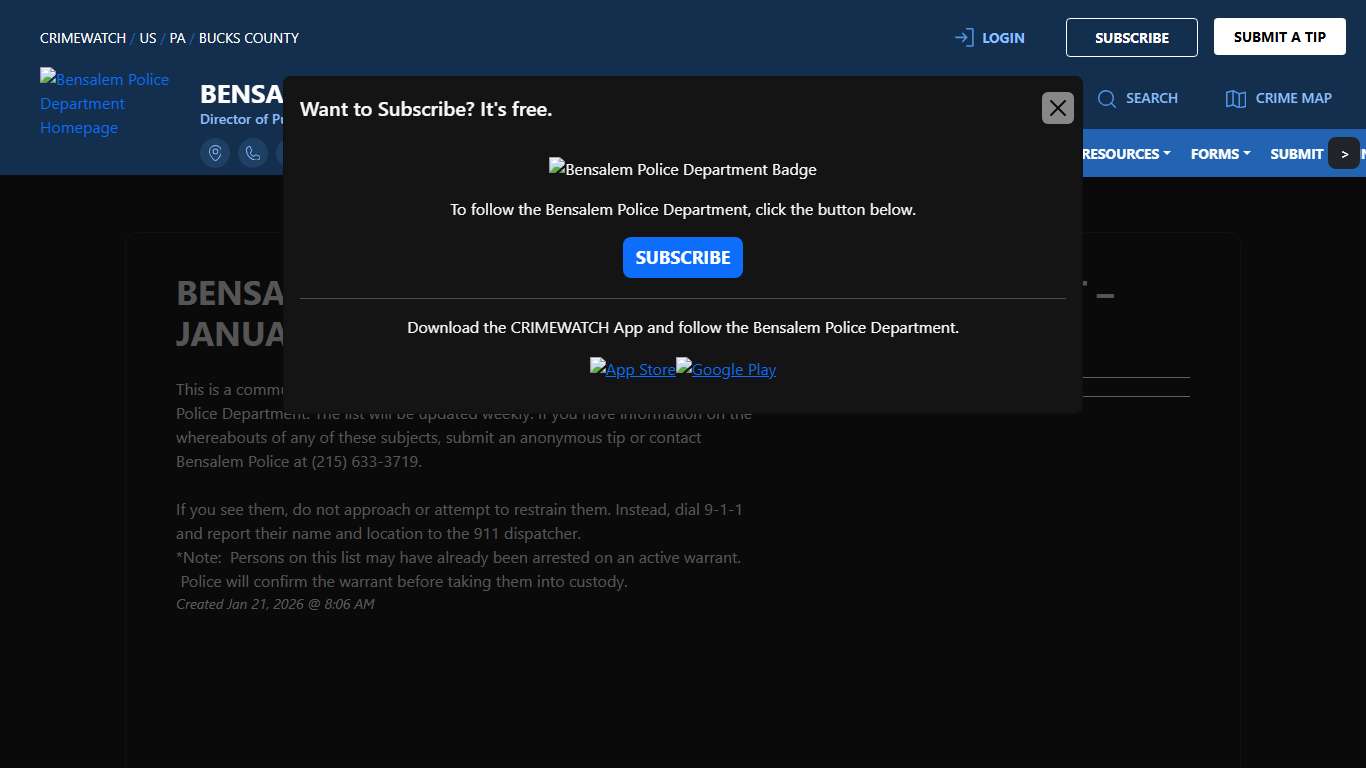BENSALEM TOWNSHIP POLICE - WEEKLY WARRANT LIST – JANUARY 21, 2026 Bensalem Police Department